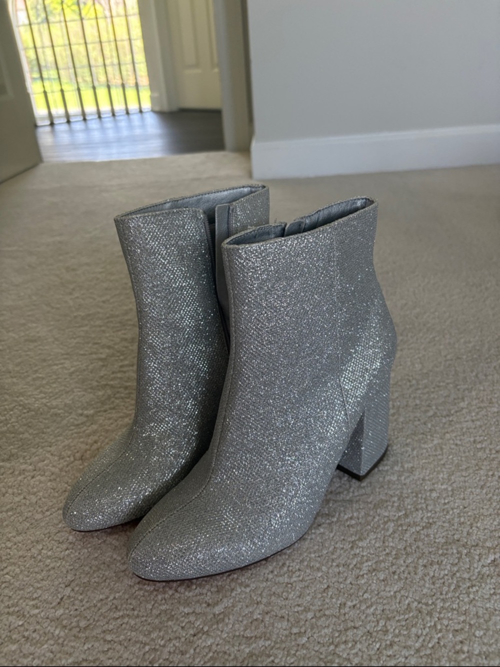 Women's Silver Glitter Block Heel Ankle Boots